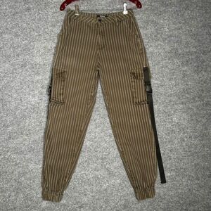American Bazi Women Pinstripe Cargo Jogger Pants Olive Brown Buckle Strap S